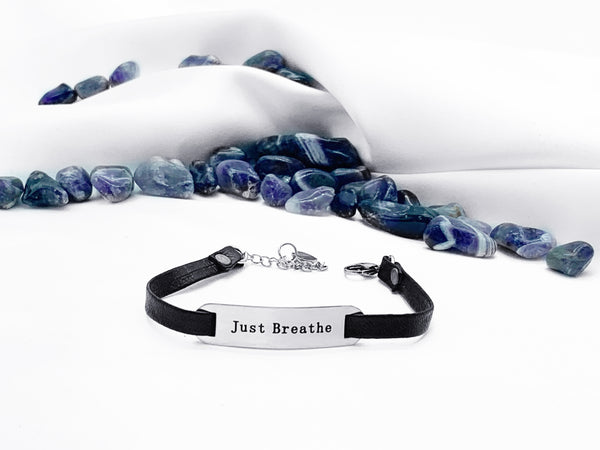 "Just Breathe" Black Leather Bracelet
