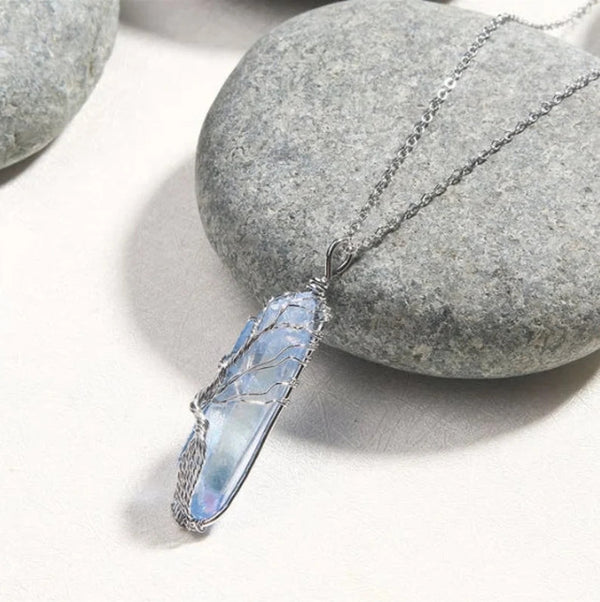 Aqua Quartz Crystal Tree Of Life Necklace